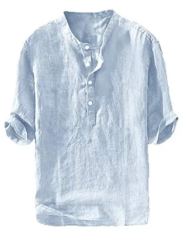 Ryannology Mens Linen Shirts Casual Cotton 3/4 Sleeve Regular-Fit Henley T-Shirt Summer Lightweight Beach Yoga Tops 