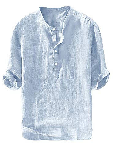 Ryannology Mens Linen Shirts Henley 3/4 Sleeve Casual Cotton T-Shirt Regular-Fit Lightweight Beach Yoga Tunic Tops - 1