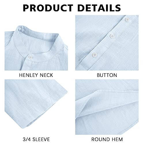 Ryannology Мужские льняные рубашки Henley 3/4 рукава повседневная хлопковая футболка Regular-Fit легкая пляжная йога туника верхи - 2