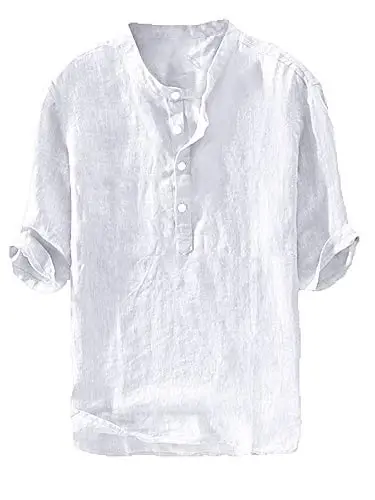Ryannology Mens Linen Shirts Casual Cotton 3/4 Sleeve Regular-Fit Henley T-Shirt Summer Lightweight Beach Yoga Tops 