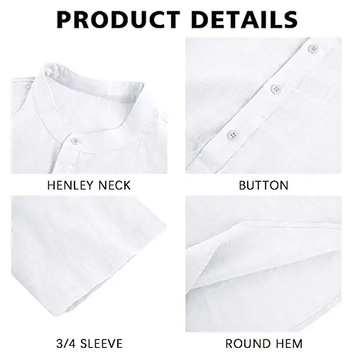 Ryannology Mens Linen Shirts Casual Cotton 3/4 Sleeve Regular-Fit Henley T-Shirt Summer Lightweight Beach Yoga Tops - 2
