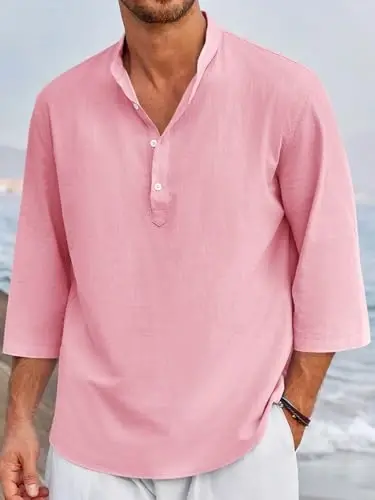 Ryannology Mens Linen Shirts Casual Cotton 3/4 Sleeve Regular-Fit Henley T-Shirt Summer Lightweight Beach Yoga Tops - MODAZONE (1)