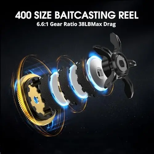 Рыболовная катушка Piscifun Alijoz 400 Baitcaster, Максимальное сопротивление 38 фунтов, алюминиевая рама из сплава, доступна в передаточном числе 6,6:1/8,1:1, низкопрофильная катушка для ловли в пресной и морской воде для мускуса - 4