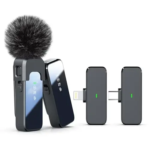 Rythflo Wireless Lavalier Microphone for iPhone Android PC with Noise Cancellation, 100ft Transmission, 18H Battery Life, Lightning & USB Type-C Wireless Lapel Microphone for Video Recording - 1