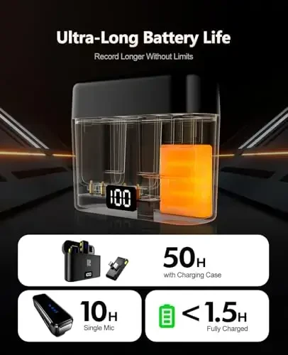 Rythflo simsiz yelka mikrofoni iPhone/Android/iPad/Laptop uchun, zaryadlash qutisi bilan ikkita yelka mikrofon, AI shovqinni kamaytirish, 50 soatlik batareya, 230 fut diapazon, video yozish, vlog uchun yelka mikrofonlari - 3