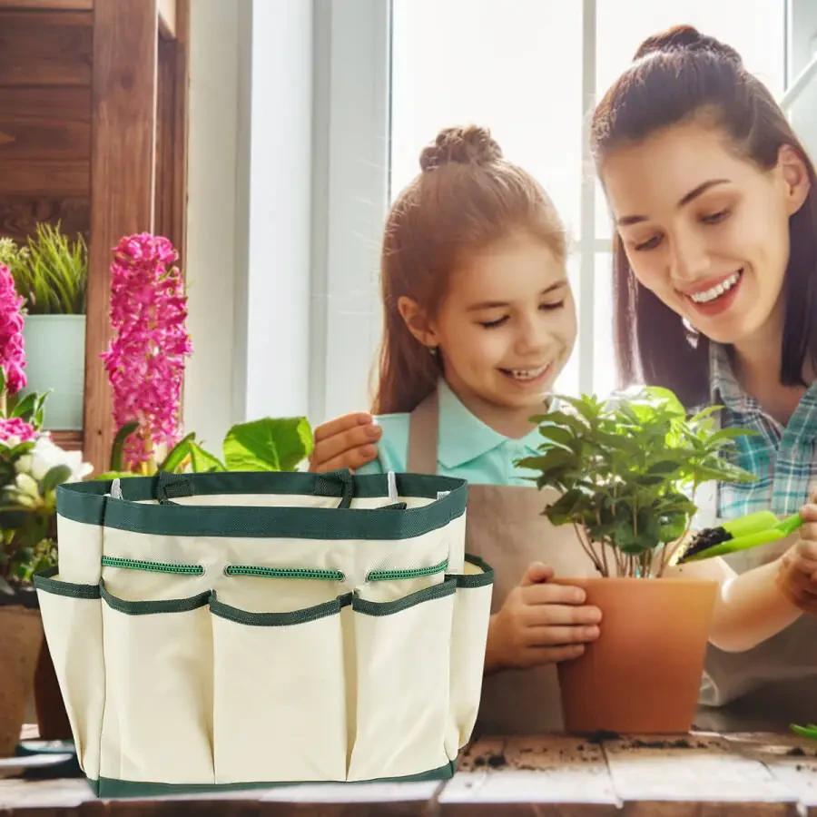 Rzvnmko Garden Tool Bag, Garden Tote Storage Bag with 8 Pockets, Home Organizer for Indoor and Outdoor Gardening, Garden Tool Kit Holder (Tools NOT Included), 12