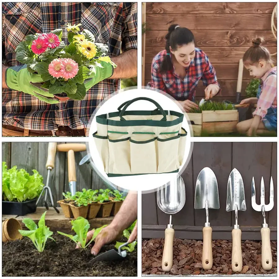 Rzvnmko Garden Tool Bag, Garden Tote Storage Bag with 8 Pockets, Home Organizer for Indoor and Outdoor Gardening, Garden Tool Kit Holder (Tools NOT Included), 12