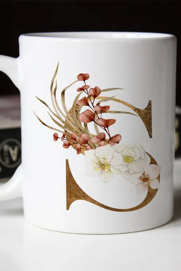 S Letter Mug - Decorative Flowered S Initial Printed - 1