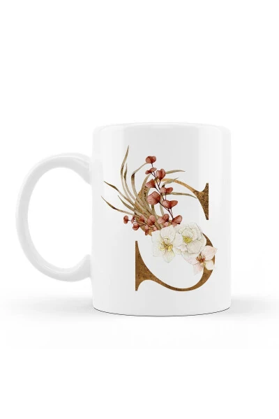 S Letter Mug - Decorative Flowered S Initial Printed - 8