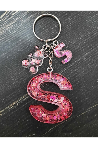 S Letter Rose Epoxy Keychain with Bear Figurine - 3