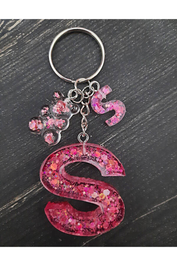 S Letter Rose Epoxy Keychain with Bear Figurine - 4