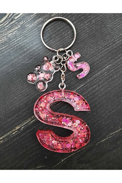 S Letter Rose Epoxy Keychain with Bear Figurine - 1