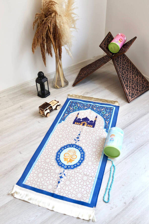 S1038 raqamli koʻpirchoqli silindr qutidan bolalar uchun namoz gilami koʻk rangda - 5