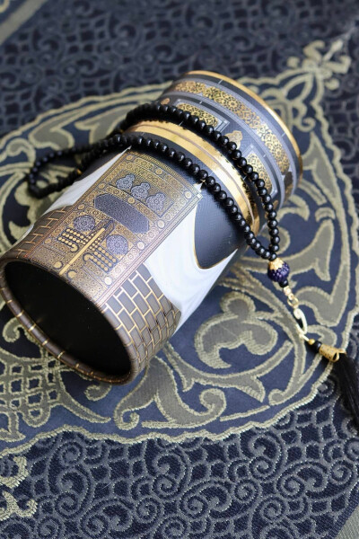 S1040 Kaaba Cover in Cylindrical Box Prayer Rug and Rosary Set - 2