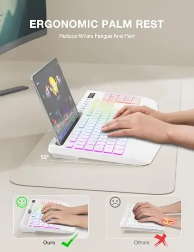 SABLUTE Wireless Keyboard with 9 Backlit Effects, Wrist Rest, Phone Holder, 2.4G Lag-Free Ergonomic Keyboards, Rechargeable Silent Cordless, for Computer, Laptop, Mac, Windows, Office, School, White - 2