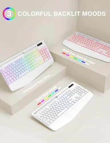 SABLUTE Wireless Keyboard with 9 Backlit Effects, Wrist Rest, Phone Holder, 2.4G Lag-Free Ergonomic Keyboards, Rechargeable Silent Cordless, for Computer, Laptop, Mac, Windows, Office, School, White - 3