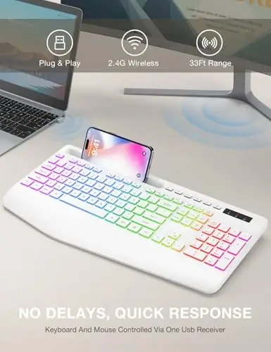 SABLUTE Wireless Keyboard with 9 Backlit Effects, Wrist Rest, Phone Holder, 2.4G Lag-Free Ergonomic Keyboards, Rechargeable Silent Cordless, for Computer, Laptop, Mac, Windows, Office, School, White - 6