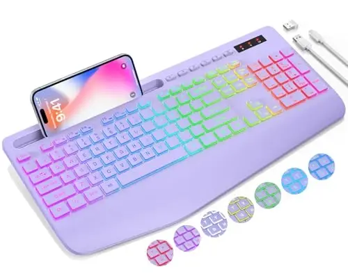 SABLUTE 9 ta orqa yoritgichli simsiz klaviatura, bilak suyanchi, telefon ushlagichi, 2,4G kechikishsiz ergonomik klaviaturalar, qayta zaryadlanuvchi ovozsiz simsiz, kompyuter, noutbuk, Mac, Windows, ofis, maktab uchun - Binafsha - 1