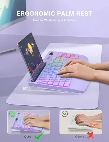 SABLUTE 9 ta orqa yoritgichli simsiz klaviatura, bilak suyanchi, telefon ushlagichi, 2,4G kechikishsiz ergonomik klaviaturalar, qayta zaryadlanuvchi ovozsiz simsiz, kompyuter, noutbuk, Mac, Windows, ofis, maktab uchun - Binafsha - 2