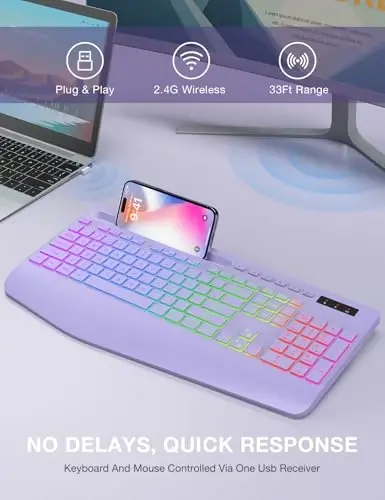 SABLUTE 9 ta orqa yoritgichli simsiz klaviatura, bilak suyanchi, telefon ushlagichi, 2,4G kechikishsiz ergonomik klaviaturalar, qayta zaryadlanuvchi ovozsiz simsiz, kompyuter, noutbuk, Mac, Windows, ofis, maktab uchun - Binafsha - 6