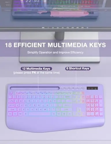 SABLUTE 9 ta orqa yoritgichli simsiz klaviatura, bilak suyanchi, telefon ushlagichi, 2,4G kechikishsiz ergonomik klaviaturalar, qayta zaryadlanuvchi ovozsiz simsiz, kompyuter, noutbuk, Mac, Windows, ofis, maktab uchun - Binafsha - 7