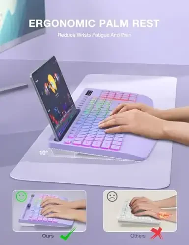 SABLUTE 9 ta orqa yoritgichli simsiz klaviatura, bilak suyanchi, telefon ushlagichi, 2,4G kechikishsiz ergonomik klaviaturalar, qayta zaryadlanuvchi ovozsiz simsiz, kompyuter, noutbuk, Mac, Windows, ofis, maktab uchun - Binafsha - 2