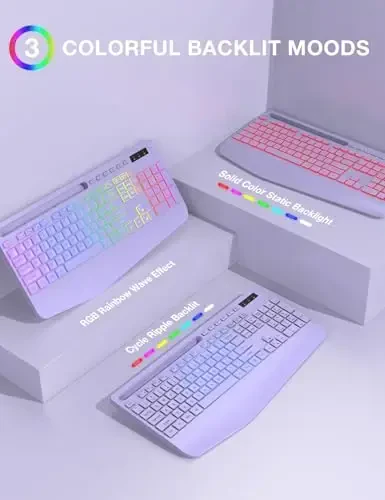 SABLUTE 9 ta orqa yoritgichli simsiz klaviatura, bilak suyanchi, telefon ushlagichi, 2,4G kechikishsiz ergonomik klaviaturalar, qayta zaryadlanuvchi ovozsiz simsiz, kompyuter, noutbuk, Mac, Windows, ofis, maktab uchun - Binafsha - 3