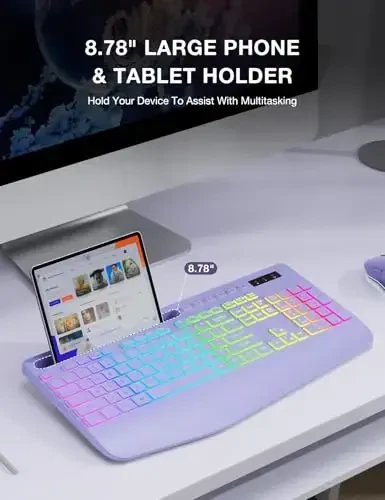 SABLUTE 9 ta orqa yoritgichli simsiz klaviatura, bilak suyanchi, telefon ushlagichi, 2,4G kechikishsiz ergonomik klaviaturalar, qayta zaryadlanuvchi ovozsiz simsiz, kompyuter, noutbuk, Mac, Windows, ofis, maktab uchun - Binafsha - 4