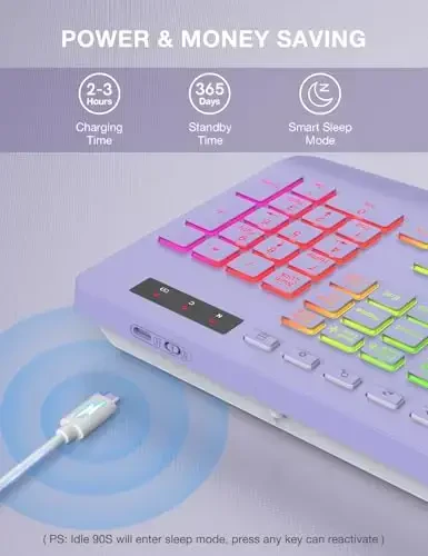 SABLUTE 9 ta orqa yoritgichli simsiz klaviatura, bilak suyanchi, telefon ushlagichi, 2,4G kechikishsiz ergonomik klaviaturalar, qayta zaryadlanuvchi ovozsiz simsiz, kompyuter, noutbuk, Mac, Windows, ofis, maktab uchun - Binafsha - 5