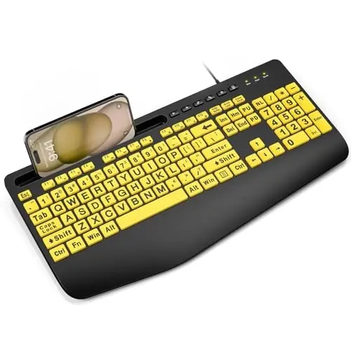 SABLUTE Большая печатная клавиатура проводные компьютерные клавиатуры с подставкой для запястий, держателем телефона, большими буквами, легко читаемыми, совместимые с Windows, настольным компьютером, ноутбуком, желтый - SABLUTE