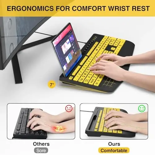 Large Print Keyboard Wired Computer Keyboards with Wrist Rest, Phone Holder, Big Letters Easy to Read Compatible Windows, Desktop, Laptop, Yellow SABLUTE - 3