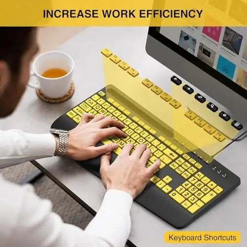 Large Print Keyboard Wired Computer Keyboards with Wrist Rest, Phone Holder, Big Letters Easy to Read Compatible Windows, Desktop, Laptop, Yellow SABLUTE - 5
