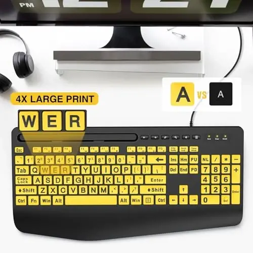 SABLUTE Large Print Keyboard Wired Computer Keyboards with Wrist Rest, Phone Holder, Big Letters Easy to Read Compatible Windows, Desktop, Laptop, Yellow - SABLUTE (1)