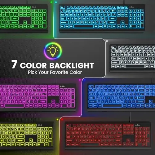 SABLUTE K11PRO Large Print Backlit Keyboard, 3X Larger Font Wired USB Lighted Computer Keyboard with 7-Color LED Illuminated Keys, Desktop Workstation Keyboard Compatible for PC Laptop Windows - SABLUTE (1)