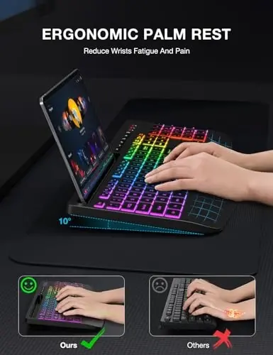 Wireless Keyboard with 8 Colored, 9 Effects Backlits, Wrist Rest, Phone Holder, Rechargeable Ergonomic Computer Keyboard with Silent Keys, 2.4G Lag-Free Cordless Set for PC, Laptop, Windows, MacBook - 2
