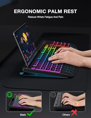Wireless Keyboard with 8 Colored, 9 Effects Backlits, Wrist Rest, Phone Holder, Rechargeable Ergonomic Computer Keyboard with Silent Keys, 2.4G Lag-Free Cordless Set for PC, Laptop, Windows, MacBook - 3