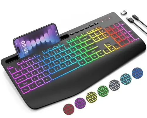 Wireless Keyboard with 8 Colored, 9 Effects Backlits, Wrist Rest, Phone Holder, Rechargeable Ergonomic Computer Keyboard with Silent Keys, 2.4G Lag-Free Cordless Set for PC, Laptop, Windows, MacBook - SABLUTE