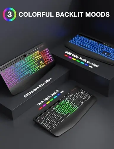 Wireless Keyboard with 8 Colored, 9 Effects Backlits, Wrist Rest, Phone Holder, Rechargeable Ergonomic Computer Keyboard with Silent Keys, 2.4G Lag-Free Cordless Set for PC, Laptop, Windows, MacBook - 3