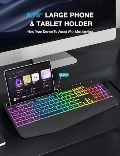 Wireless Keyboard with 8 Colored, 9 Effects Backlits, Wrist Rest, Phone Holder, Rechargeable Ergonomic Computer Keyboard with Silent Keys, 2.4G Lag-Free Cordless Set for PC, Laptop, Windows, MacBook - 4