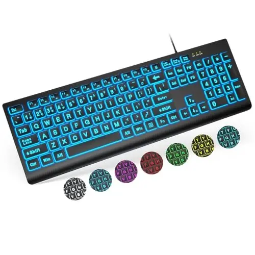 SABLUTE Large Print Backlit Keyboard, Wired USB Lighted Computer Keyboards with 7-Color & 4 Modes Backlit, Oversize Letters Keys Easy to See and Type, Keyboard Compatible for PC, Laptop 