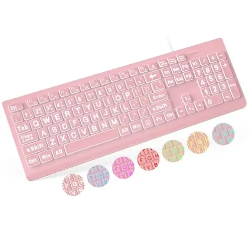 SABLUTE Large Print Backlit Keyboard, Wired USB Lighted Computer Keyboards with 7-Color & 4 Modes Backlit, Oversize Letters Keys Easy to See and Type, Quiet Keyboard Compatible for PC, Laptop -Pink - SABLUTE