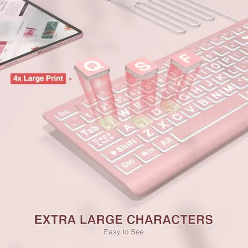 SABLUTE Large Print Backlit Keyboard, Wired USB Lighted Computer Keyboards with 7-Color & 4 Modes Backlit, Oversize Letters Keys Easy to See and Type, Quiet Keyboard Compatible for PC, Laptop -Pink - 2