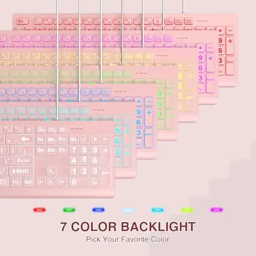 SABLUTE Large Print Backlit Keyboard, Wired USB Lighted Computer Keyboards with 7-Color & 4 Modes Backlit, Oversize Letters Keys Easy to See and Type, Quiet Keyboard Compatible for PC, Laptop -Pink - 4