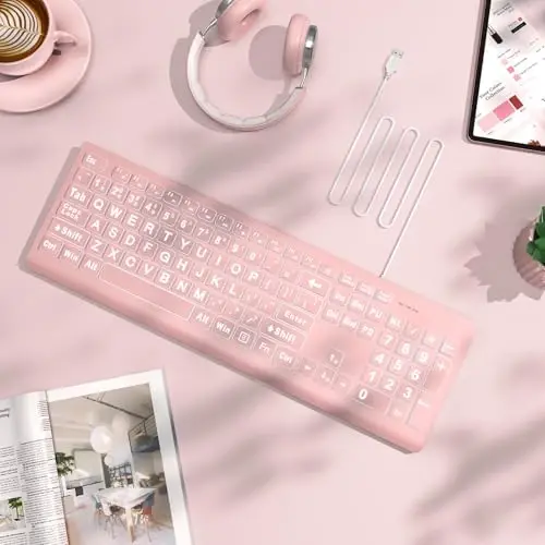 SABLUTE Large Print Backlit Keyboard, Wired USB Lighted Computer Keyboards with 7-Color & 4 Modes Backlit, Oversize Letters Keys Easy to See and Type, Quiet Keyboard Compatible for PC, Laptop -Pink - 5