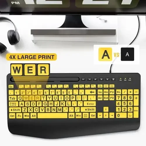 SABLUTE Large Print Keyboard Wired Computer Keyboards with Wrist Rest, Phone Holder, Big Letters Easy to Read Compatible Windows, Desktop, Laptop, Yellow - 2