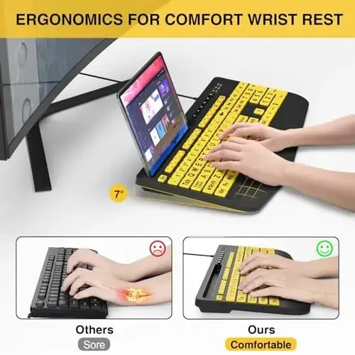 SABLUTE Large Print Keyboard Wired Computer Keyboards with Wrist Rest, Phone Holder, Big Letters Easy to Read Compatible Windows, Desktop, Laptop, Yellow - 3