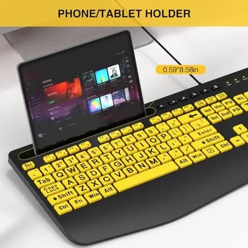 SABLUTE Large Print Keyboard Wired Computer Keyboards with Wrist Rest, Phone Holder, Big Letters Easy to Read Compatible Windows, Desktop, Laptop, Yellow - 4