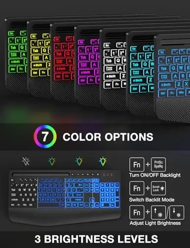 SABLUTE Wireless Keyboard and Mouse Combo, 9 Backlit Effects, Large Print, Wrist Rest, Phone Holder, 2.4G Lag-Free Ergonomic Keyboards, KM22 MAX Rechargeable Easy to See Set for Computer, Laptop, PC - 3