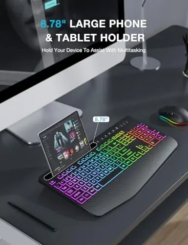 SABLUTE Wireless Keyboard and Mouse Combo, 9 Backlit Effects, Large Print, Wrist Rest, Phone Holder, 2.4G Lag-Free Ergonomic Keyboards, KM22 MAX Rechargeable Easy to See Set for Computer, Laptop, PC - 5