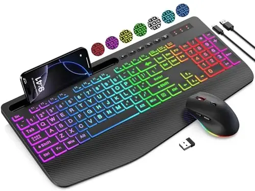 SABLUTE Wireless Keyboard and Mouse Combo, 9 Backlit Effects, Large Print, Wrist Rest, Phone Holder, 2.4G Lag-Free Ergonomic Keyboards, KM22 MAX Rechargeable Easy to See Set for Computer, Laptop, PC - SABLUTE